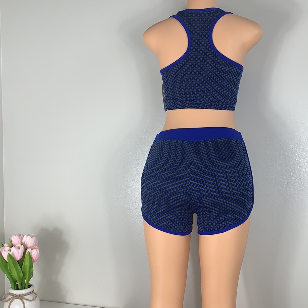 💙 Women’s Sports Bra & Shorts Set Blue & Black Size M/L - Picture 3 of 7